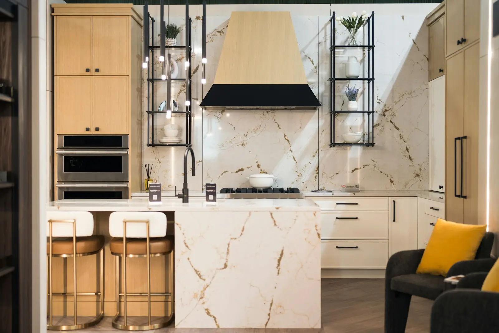 Marble kitchen island under pendant lights