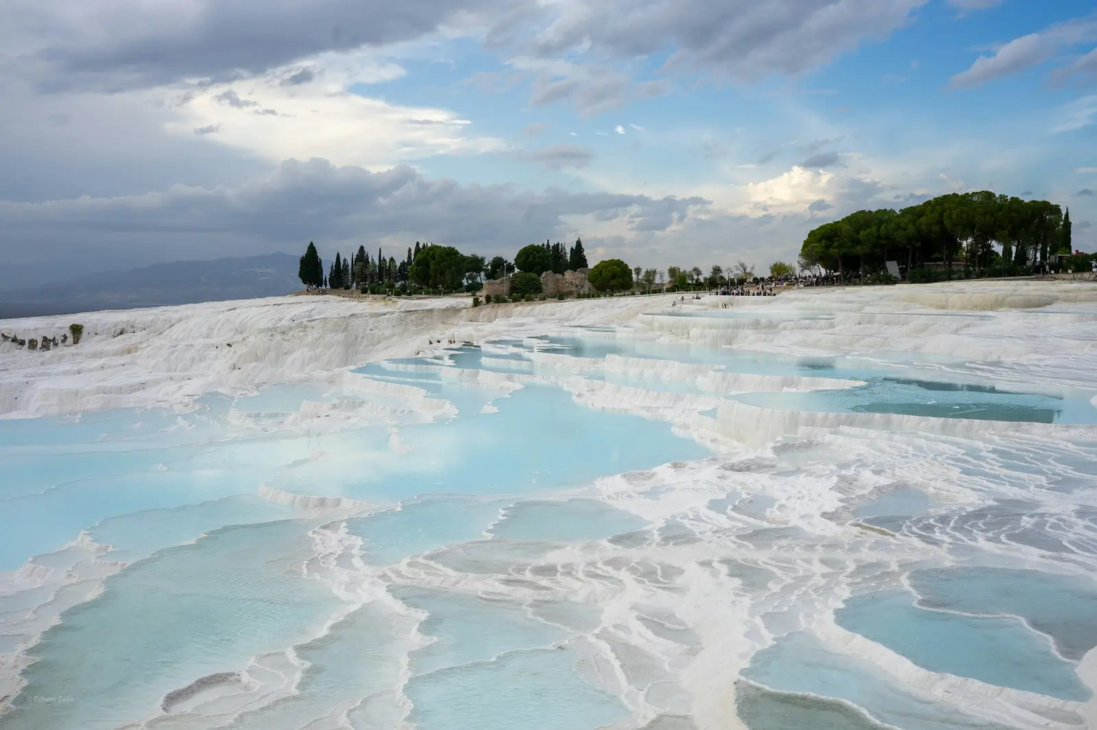 White travertine terraces and pools at Pamukkale with pine trees